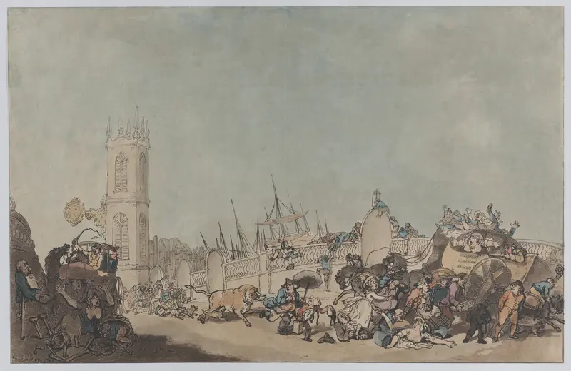 The Overdrove Ox (Mad Bull on Westminster Bridge) Wall Art by Thomas Rowlandson - High-Resolution Digital Print