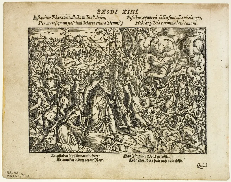 The Passage of the Red Sea (recto) and The Burial of Jacob (verso) from Neuwe Biblische Figuren, plate 48 from Woodcuts from Books of the XVI Century Wall Art by Jost Amman - High-Resolution Digital Print