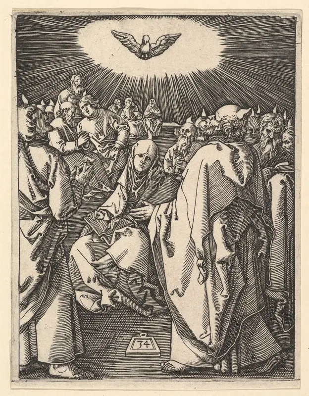 The Pentecost; the Holy Dove appears above, below sits the Virgin surrounded by  Apostles, from "The Passion of Christ"
