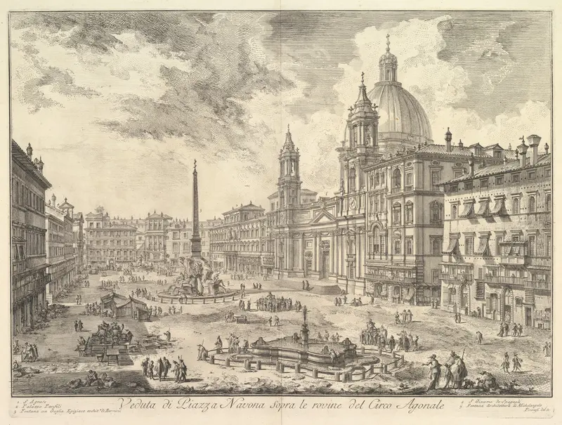 The Piazza Navona, Rome, above the ruins of the Circus of Domitian, the Church of Sant Agnese to the right, Bernini's fountain in the center, from "Vedute di Roma" Wall Art by Giovanni Battista Piranesi - High-Resolution Digital Print