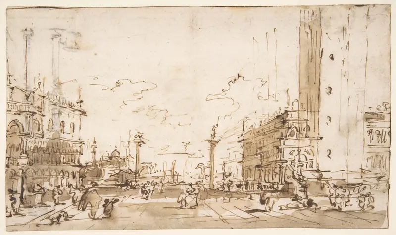 The Piazzetta, Looking Toward San Giorgio Maggiore (recto); Two Columns (verso) Wall Art by Francesco Guardi - High-Resolution Digital Print