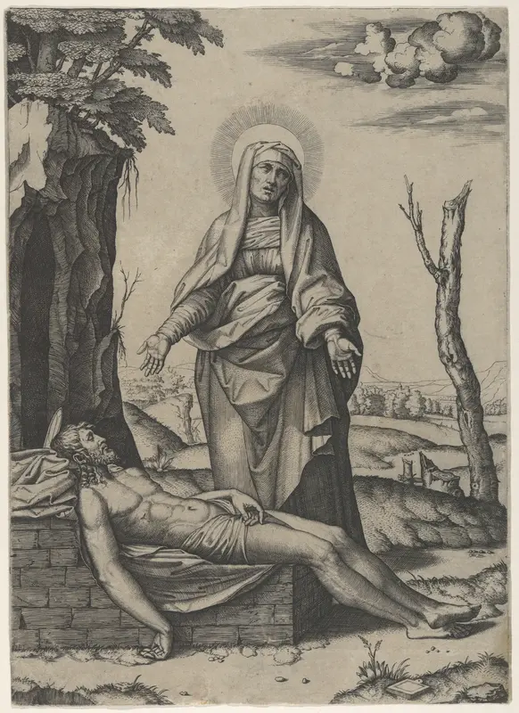 The Pietà: the Virgin standing over the dead Christ, her hands outspread