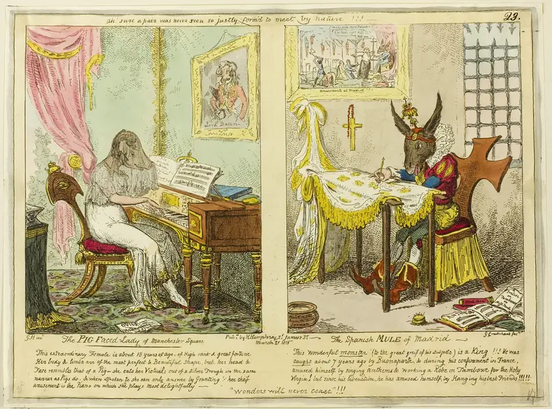 The Pig Faced Lady of Manchester Square and The Spanish Mule of Madrid Wall Art by George Cruikshank - High-Resolution Digital Print