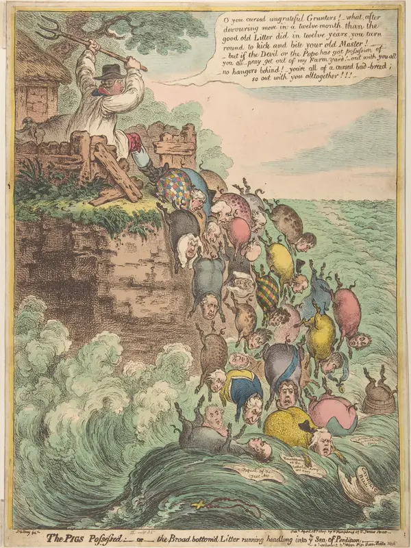 The Pigs Possessed:–or–the Broad Bottom'd Litter Running Headlong into Ye Sea of Perdition Wall Art by James Gillray - High-Resolution Digital Print