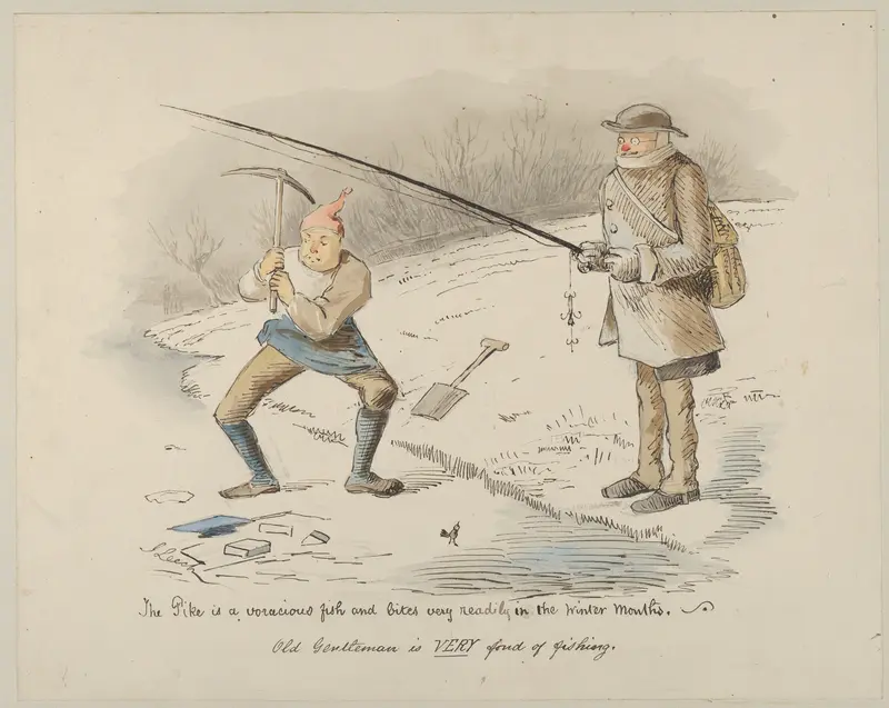 The Pike is a voracious fish and bites readily in the Winter months–Old Gentleman is VERY fond of fishing Wall Art by John Leech - High-Resolution Digital Print