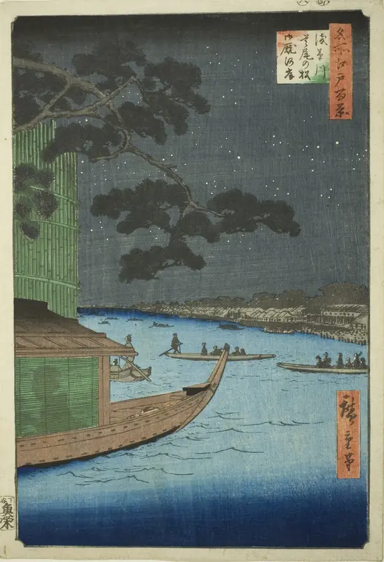The Pine of Success and Onmayagashi, Asakusa River (Asakusagawa shubi no matsu Oumayagashi), from the series One Hundred Views of Edo (Meisho Edo Hyakkei)