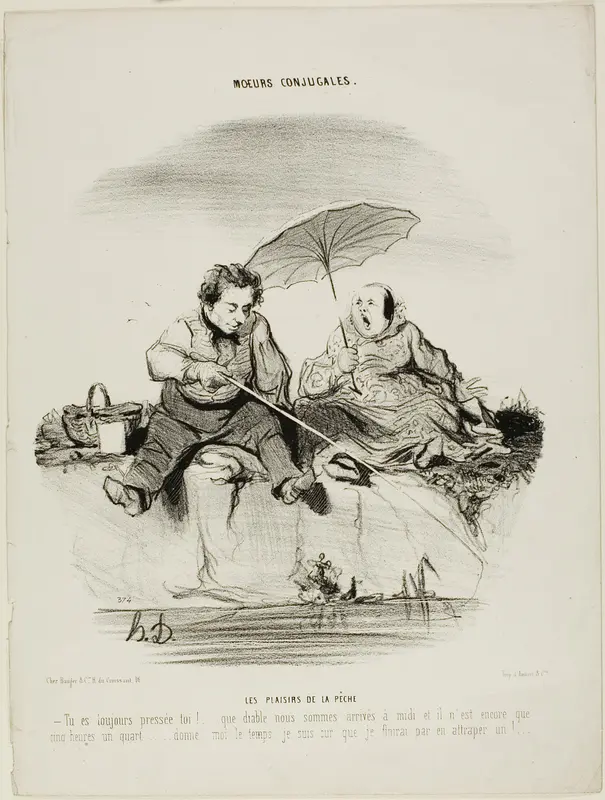 The Pleasures of Fishing. “- You are always in such a rush - Good God, we only just got here at noon and it is now only a quarter past five - Just give me a little more time, I am sure I'll end by catching one,” plate 50 from Moeurs Conjugales