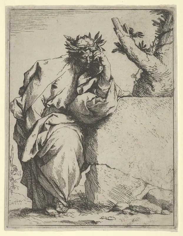 The poet, standing crowned with laurel, leaning on a stone Wall Art by Jusepe de Ribera (called Lo Spagnoletto) - High-Resolution Digital Print