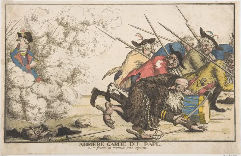 The Pope's Rear Guard or the Fright of the Reverend Father Corporal (Arrière garde du pape, ou la frayeur du reverend pere caporal) Wall Art by Anonymous, French, 18th century - High-Resolution Digital Print