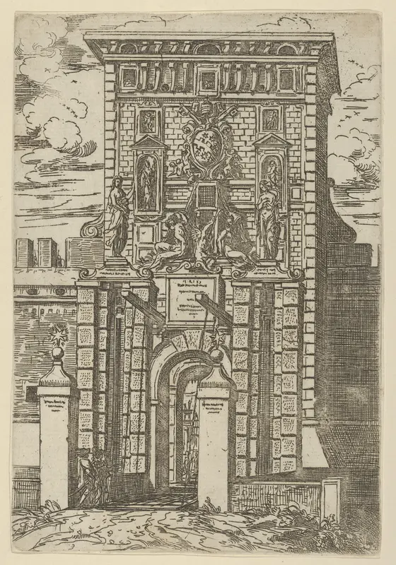 The Porta Galliera, the entrance gate to Bologna and drawbridge with temporary decorations for the entry of Pope Clement VIII in Bologna in 1598 Wall Art by Guido Reni - High-Resolution Digital Print