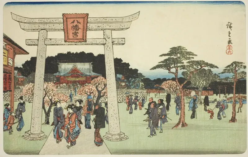 The Precincts of the Hachiman Shrine in Fukagawa (Fukagawa Hachiman no keidai), from the series "Famous Places in Edo (Koto meisho)"