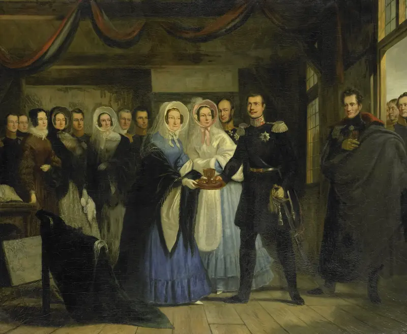 The Princess of Orange Receiving Alexander II (1818-1881), Grand Duke and Heir to the Throne of Russia, in the Czar Peter's House in Zaandam, 17 April 1839 Wall Art by Christiaan Julius Lodewijk Portman - High-Resolution Digital Print