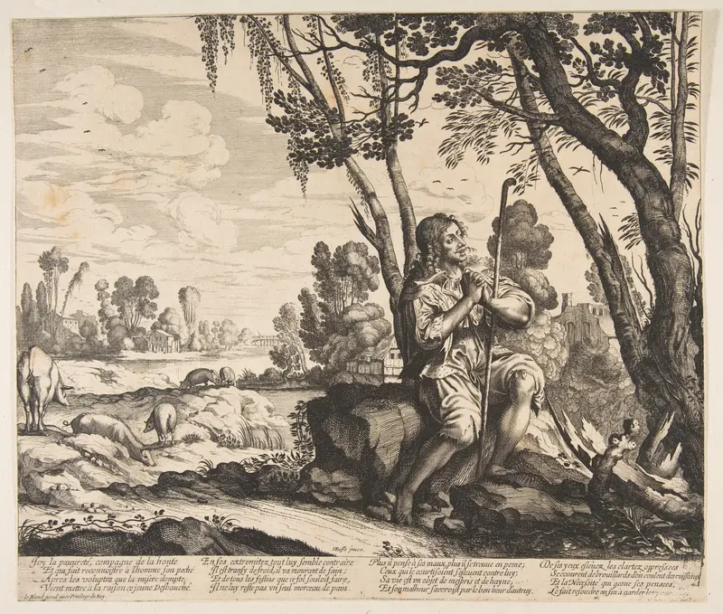 The Prodigal Son Guarding Pigs, plate 3 from "The Prodigal Son" (L'Histoire de l'Enfant Prodigue) Wall Art by Anonymous - High-Resolution Digital Print