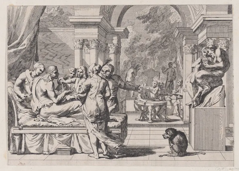 The prodigal son seated on a couch being served wine, revelers in the background, a monkey wearing a collar and chain in the lower right Wall Art by Anonymous, 17th century - High-Resolution Digital Print