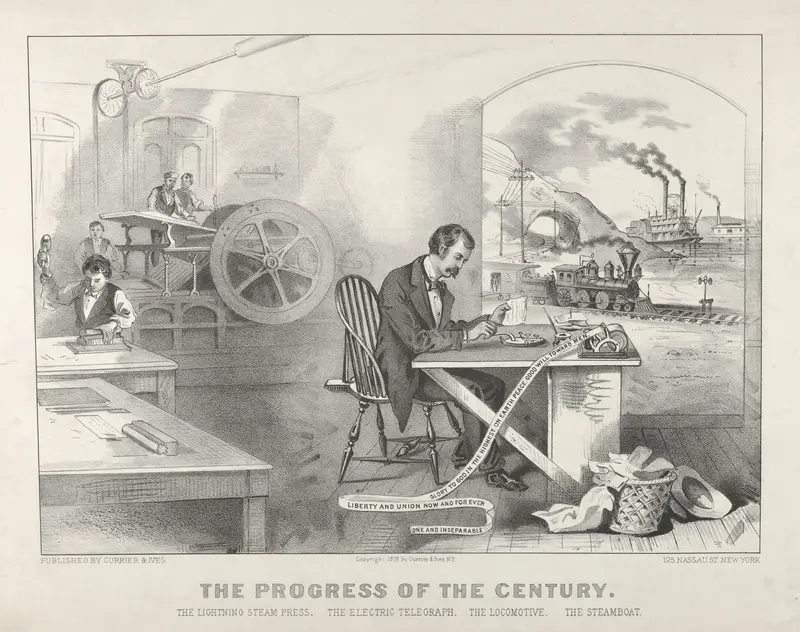 The Progress of the Century – The Lightning Steam Press. The Electric Telegraph. The Locomotive. The Steamboat. Wall Art by Currier & Ives - High-Resolution Digital Print