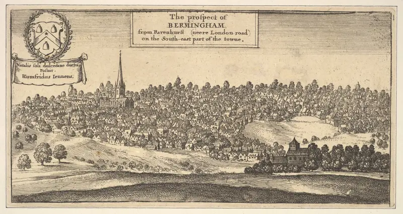 The Prospect of Bermingham [Birmingham], from Ravenshurst (neere London-road) on the South-east part of towne (from Dugdale's "The Antiquities of Warwickshire," 1656, p. 957) Wall Art by Wenceslaus Hollar - High-Resolution Digital Print