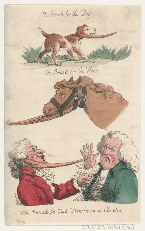 The Puzzle for the Dog; The Puzzle for the Horse; The Puzzle for Turk, Frenchman, or Christian Wall Art by Thomas Rowlandson - High-Resolution Digital Print