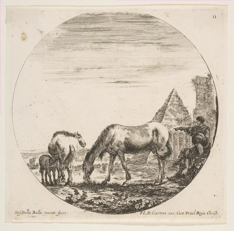 The pyramid of Caius Cestius at right in the background, a horse grazing at center, a foal suckling a mare at left, two shepherds at right, plate 11 from "Roman landscapes and ruins" (Paysages et ruines de Rome) Wall Art by Stefano della Bella - High-Resolution Digital Print