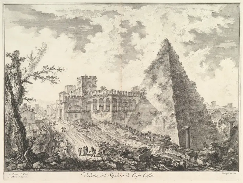 The Pyramid of Caius Cestius, with the Porta S. Paolo and adjoining road (Veduta del Sepolcro di Cajo Cestio), from "Vedute di Roma"