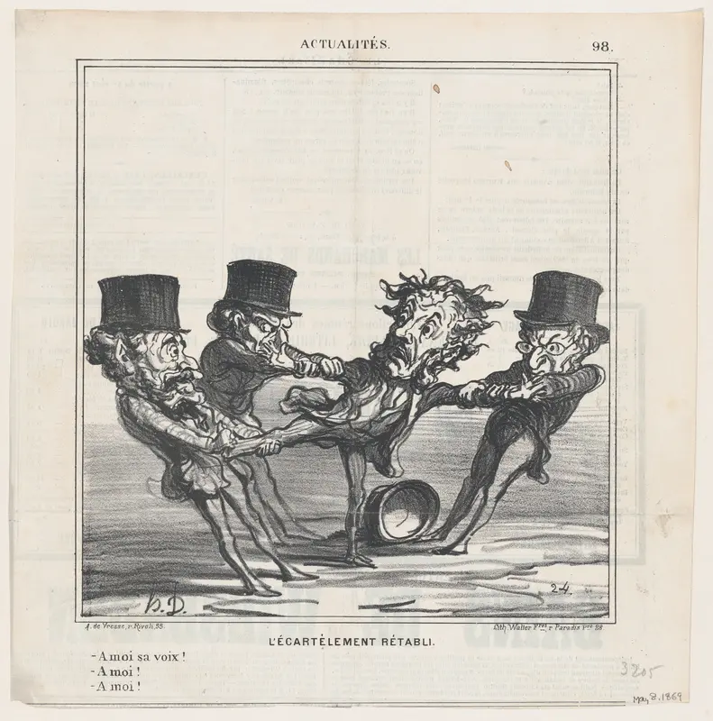 The quartering reinstated: Give me your vote! To me! No, to me!, from 'News of the day,' published in Le Charivari, May 8, 1869 Wall Art by Honoré Daumier - High-Resolution Digital Print