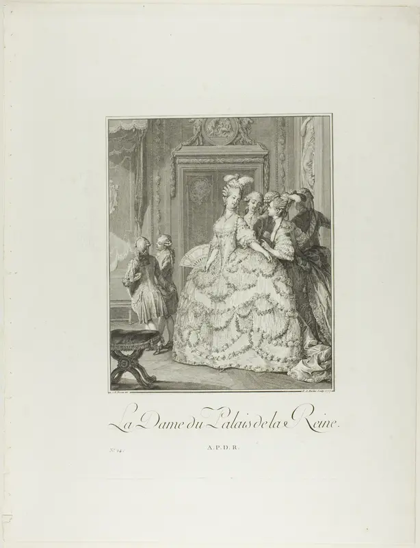 The Queen's Lady-in-Waiting, from Monument du Costume Physique et Moral de la fin du Dix-huitième siècle Wall Art by Pietro Antonio Martini - High-Resolution Digital Print