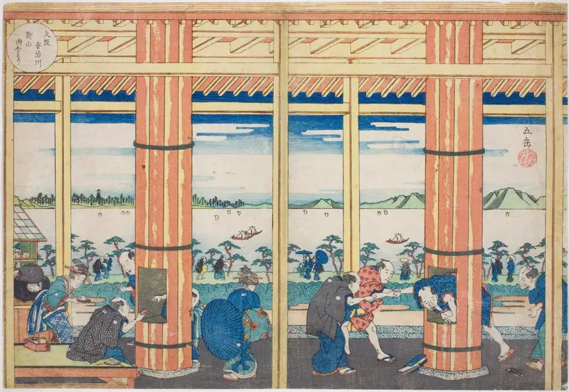 The Rain Shelter at Nii Hill by the Aji River, Osaka (Osaka Ajigawa Niiyama amayadori), from the series "Famous Places in Osaka: Fine Views of Mount Tenpo (Naniwa meisho Tenpozan shokei ichiran)"