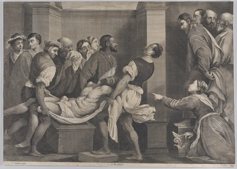The raising of Lazarus, who is carried by three men at left, while his sister and Christ look on at right; from 'Theatrum Pictorium', after Pordenone Wall Art by Jan van Troyen - High-Resolution Digital Print