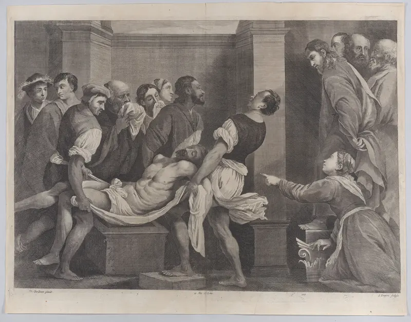 The raising of Lazarus, who is carried by three men at left, while his sister and Christ look on at right; from "Theatrum Pictorium" Wall Art by Jan van Troyen - High-Resolution Digital Print