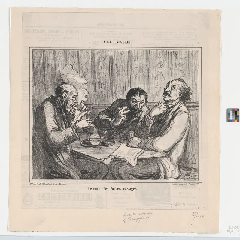 The ravaged poets' corner, from 'In the pub,' published in Le Charivari, January 7, 1864
