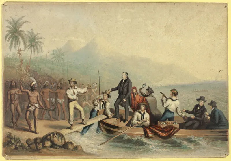 The Reception of the Rev. J. Williams, at Tanna in the South Seas, the Day Before He was Massacred Wall Art by George Baxter - High-Resolution Digital Print