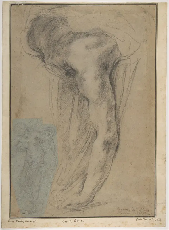 The Reclining Headless Body of Holofernes; Study of Female Semi-Nude Figure (on a small separate, unrelated sheet of blue paper, pasted onto the lower left of the large sheet) Wall Art by Guido Reni - High-Resolution Digital Print