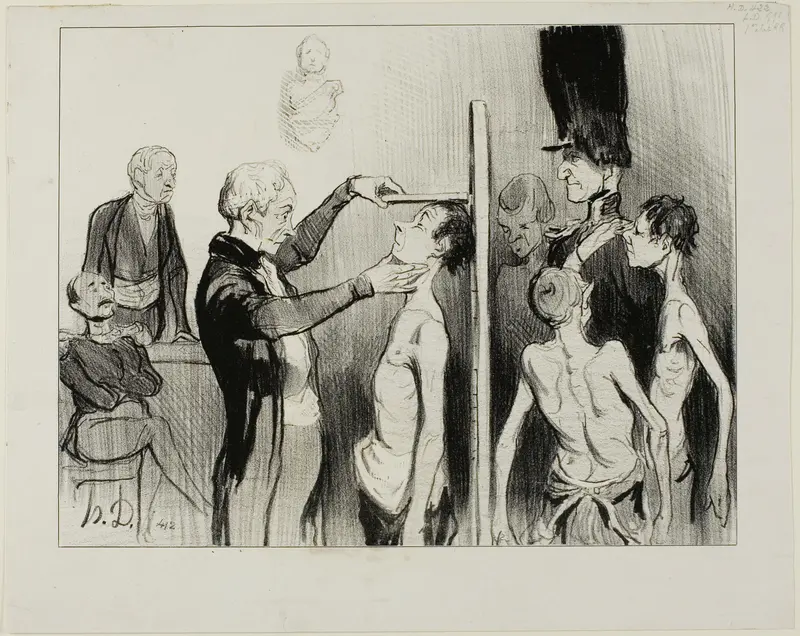 The Recruiting Board. “Isn't it a glorious sight: these noble young Frenchmen full of ardour, strength and elegance ready to defend their honour under the flags of Mars,” plate 35 from Caricatures Du Jour