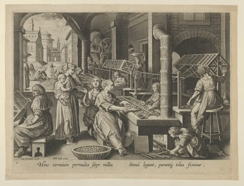 The Reeling of Silk, Plate 6 from "The Introduction of the Silkworm" [Vermis Sericus] Wall Art by Karel van Mallery - High-Resolution Digital Print