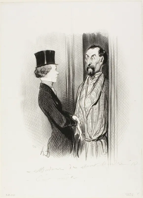 The Rendez-Vous. “- Madame Eudoxie Blancminet? - That's me, Monsieur... what can I do for you?,” plate 44 from Les Beaux Jours De La Vie