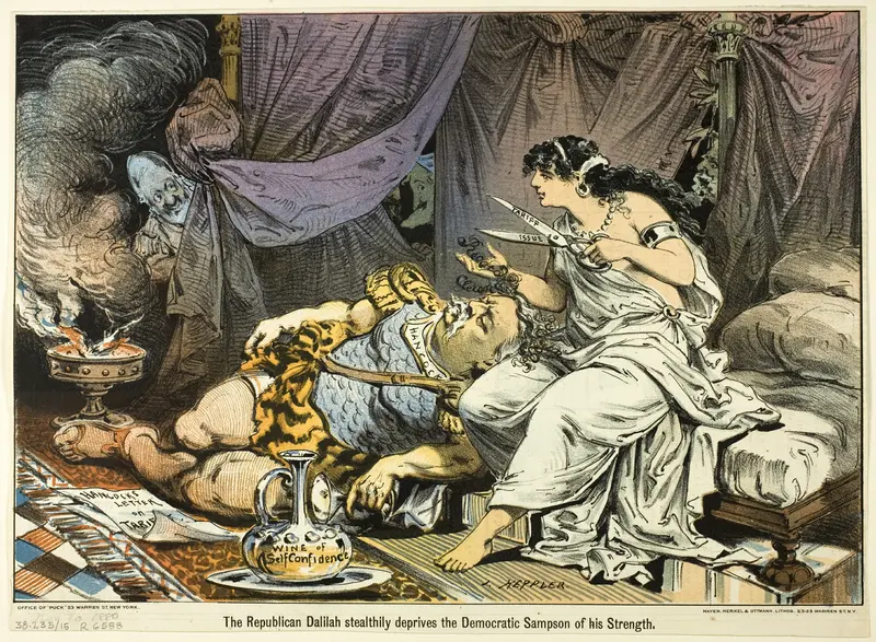 The Republican Dalilah Stealthily the Democratic Sampson of his Strength, from Puck Wall Art by Joseph Keppler - High-Resolution Digital Print
