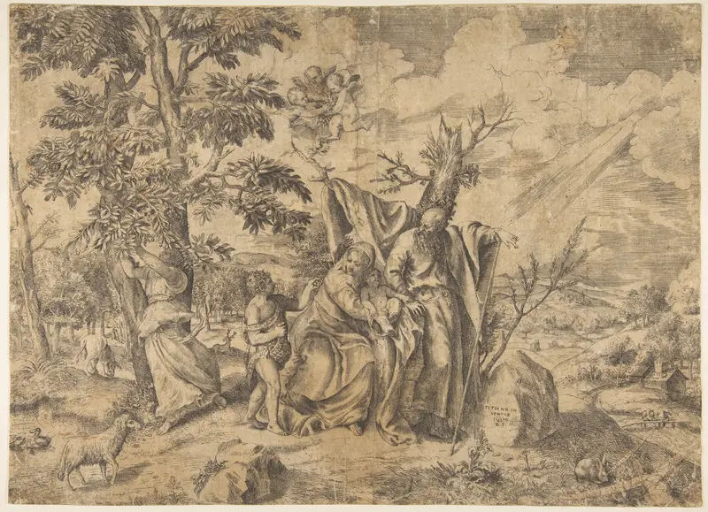 The Rest on the Flight into Egypt, Joseph at right, the Virgin holds the Christ Child in the centre, other figures to the left Wall Art by Giulio Bonasone - High-Resolution Digital Print