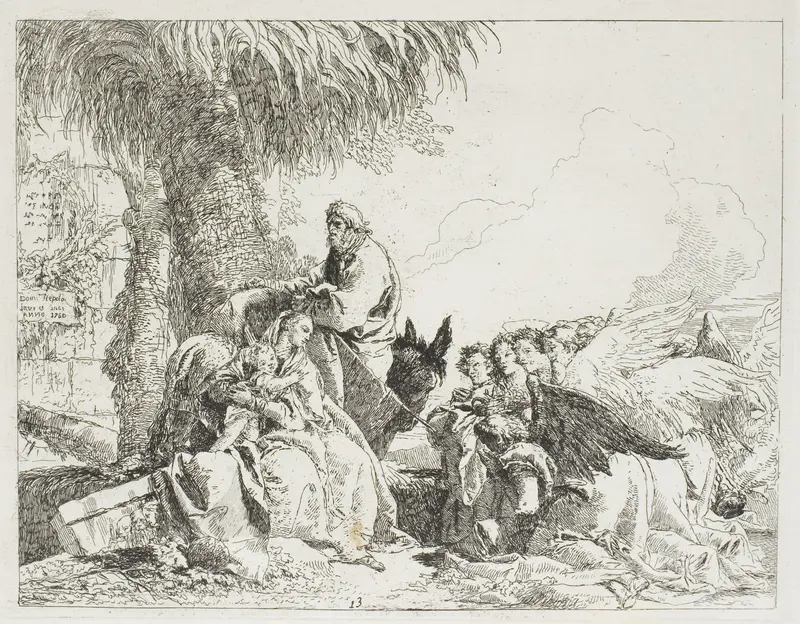 The Rest on the Flight, plate thirteen from The Flight into Egypt Wall Art by Giovanni Domenico Tiepolo - High-Resolution Digital Print