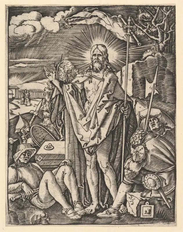 The Resurrection; Christ standing in front of a closed tomb, holding a flag and giving a blessing, guards sleeping in the foreground, from "The Passion of Christ", after Dürer