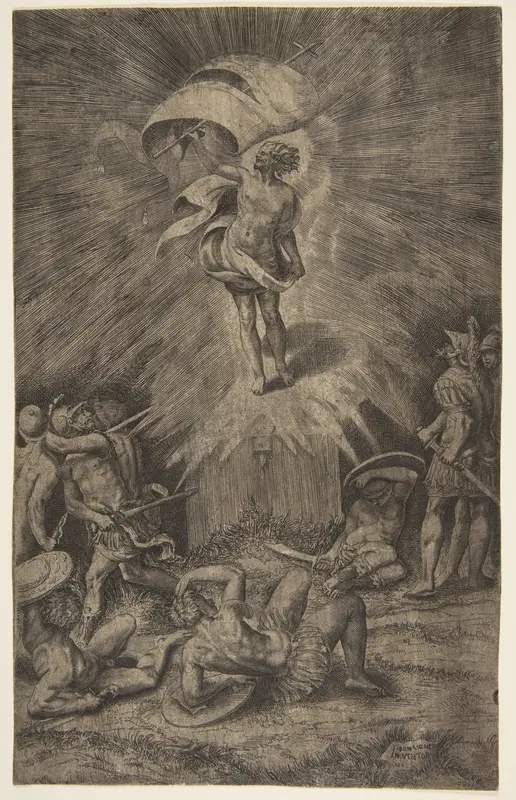 The resurrection of Christ, holding a banner in his right hand, soldiers surrounding the tomb, some falling away Wall Art by Giulio Bonasone - High-Resolution Digital Print