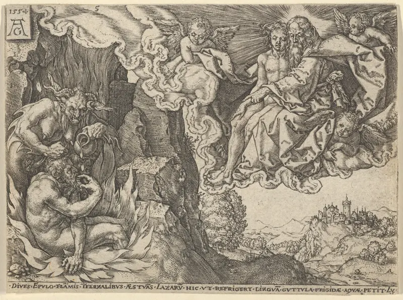The Rich Man in Hell, Seeing Lazarus Embraced by Abraham, from "The Parable of the Rich Man and Lazarus" Wall Art by Heinrich Aldegrever - High-Resolution Digital Print
