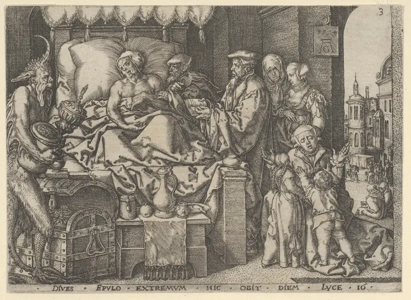 The Rich Man on His Deathbed, from "The Parable of the Rich Man and Lazarus" Wall Art by Heinrich Aldegrever - High-Resolution Digital Print