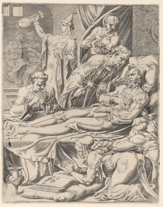 The Rich Man on His Deathbed, plate 2 from "The Parable of Lazarus and the Rich Man" Wall Art by Dirck Volckertsz Coornhert - High-Resolution Digital Print