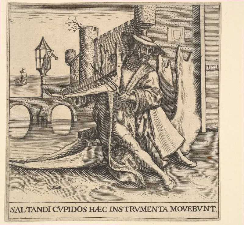 The Rich Man Playing Violin on a Jaw Bone Wall Art by Johann Theodor de Bry - High-Resolution Digital Print