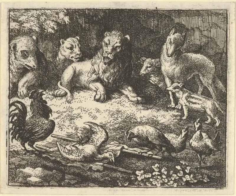 The Rooster Accuses Renard of Murdering his Chicken from Hendrick van Alcmar's Renard The Fox Wall Art by Allart van Everdingen - High-Resolution Digital Print