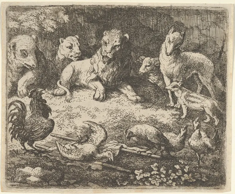 The Rooster Accuses Renard of the Murder of One of His Chickens from Hendrick van Alcmar's Renard The Fox Wall Art by Allart van Everdingen - High-Resolution Digital Print
