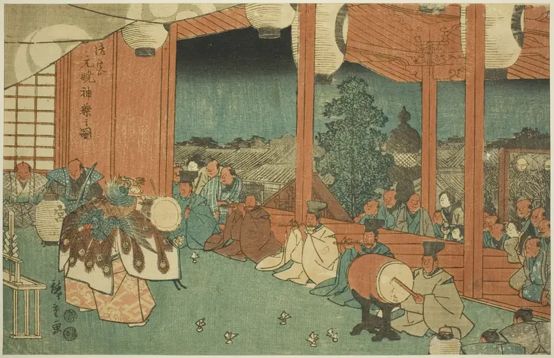 The Sacred Dance at the Shinmei Shrine in Shiba at Dawn (Shiba Shinmei, Omiya gengyo kagura no zu), from the series "Famous Places in the Eastern Capital (Toto meisho)"