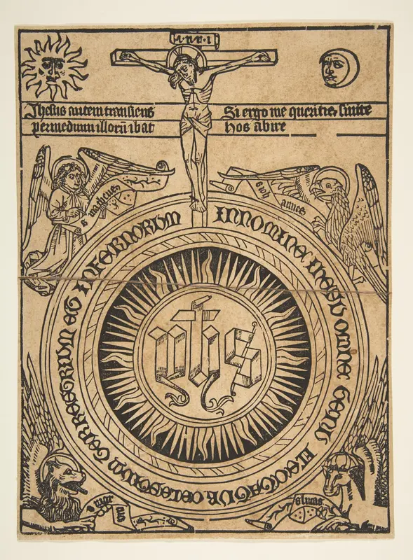 The Sacred Monogram with the Symbols of the Evangelists and the Crucifixion Wall Art by Anonymous, German, 15th century - High-Resolution Digital Print