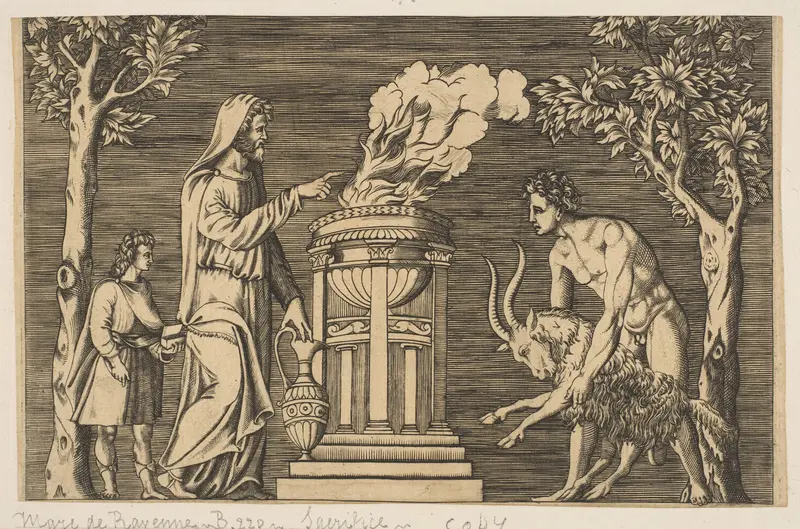 The sacrifice of a ram held by a naked man at right, hooded priest at left with a young attendant