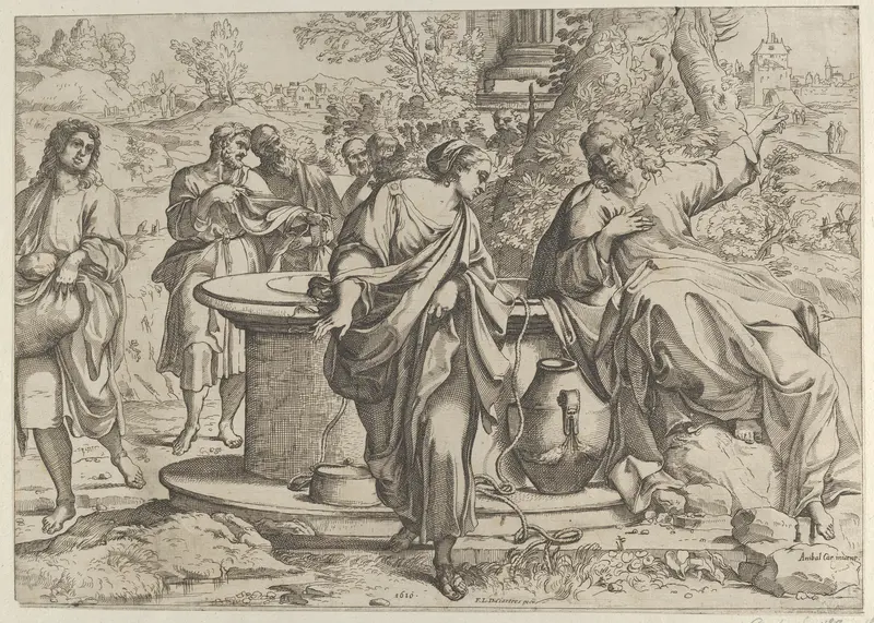 The Samaritan woman standing at the well, Christ seated next to her pointing to the right, after Annibale Caracci Wall Art by Anonymous - High-Resolution Digital Print