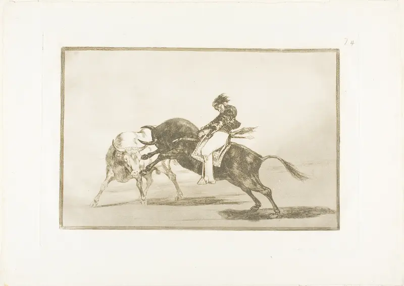 The Same Ceballos, Mounted on Another Bull, Breaks Short Spears in the Ring at Madrid, plate 24 from The Art of Bullfighting